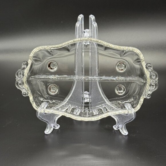 Vintage Elegant Divided Glass Tray With Etched Floral Design & Ornate Handles - Picture 2 of 8